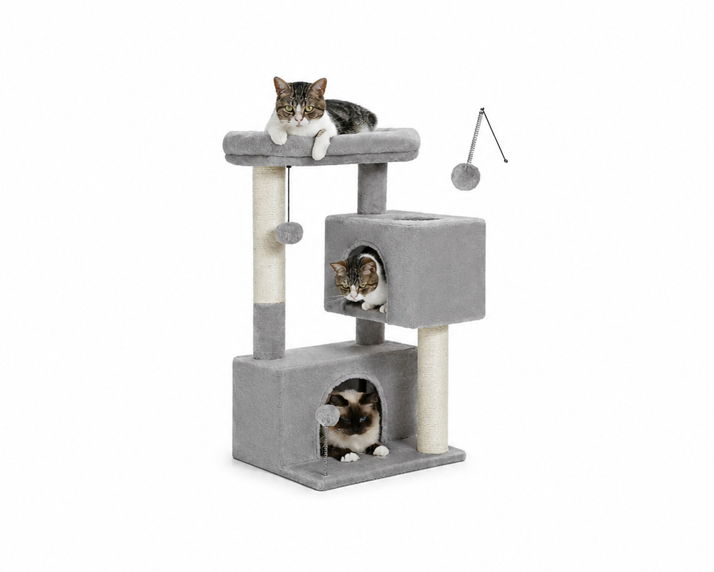Cat tree with multiple levels and a cat on a white background